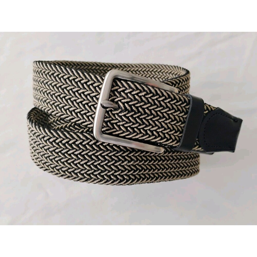 Tommy Bahama Men's Braided Black Tan Woven Stretch Belt L/XL Leather Trim